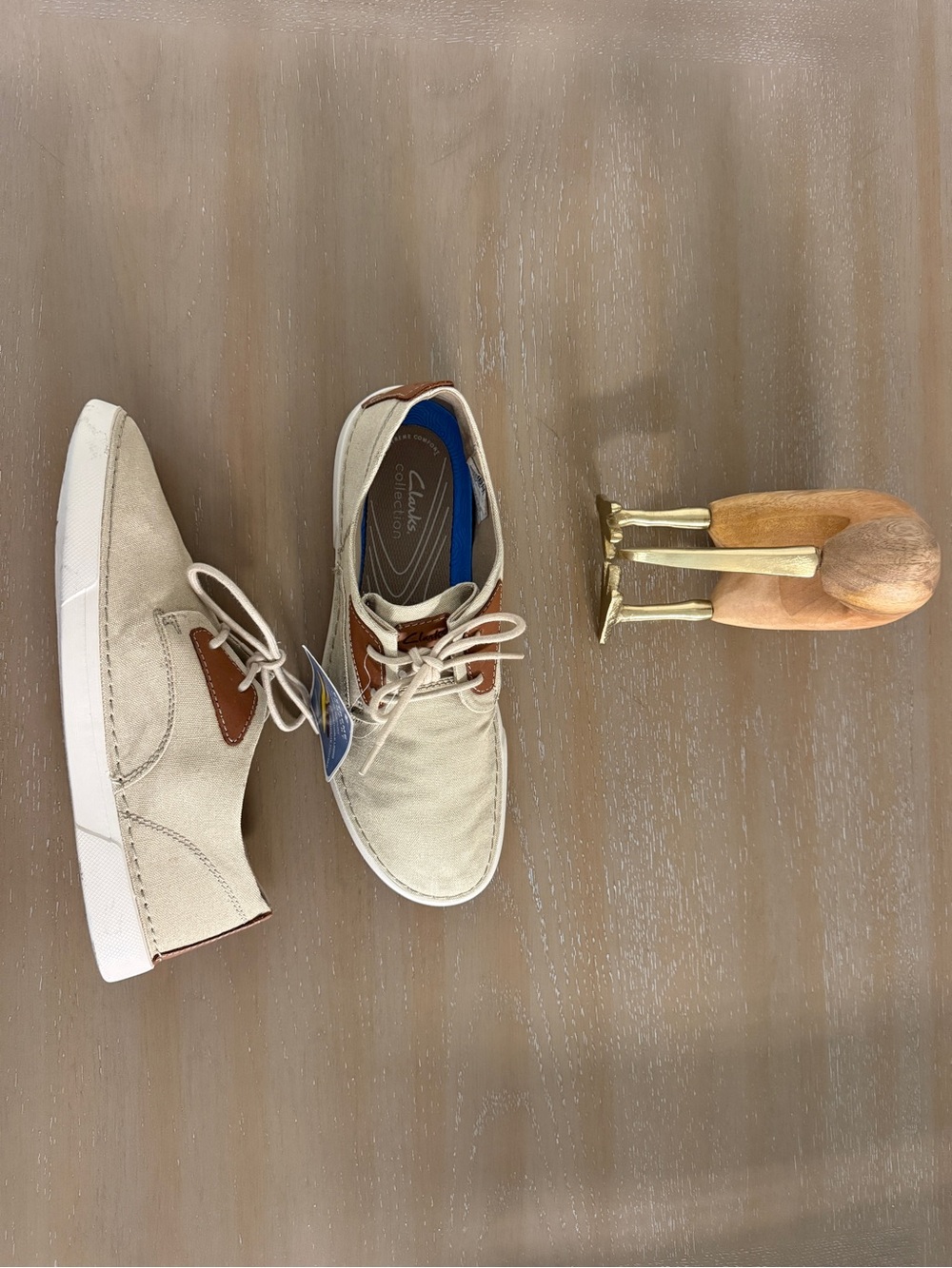 Clarks Men’s Beige Canvas Boat Shoes with Brown Accents